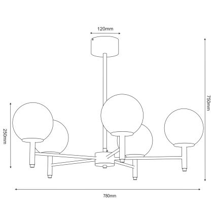 Technický výkres päťramennej stropnej lampy s guľovými tienidlami. Rozmery: 780 mm šírka, 750 mm výška, 250 mm priemer tienidla, 120 mm priemer stropnej úchytky.