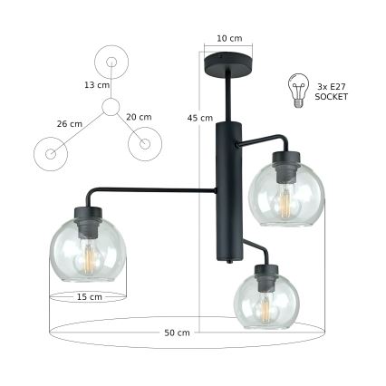Luster na tyči FLEX 3xE27/60W/230V čierna/číra