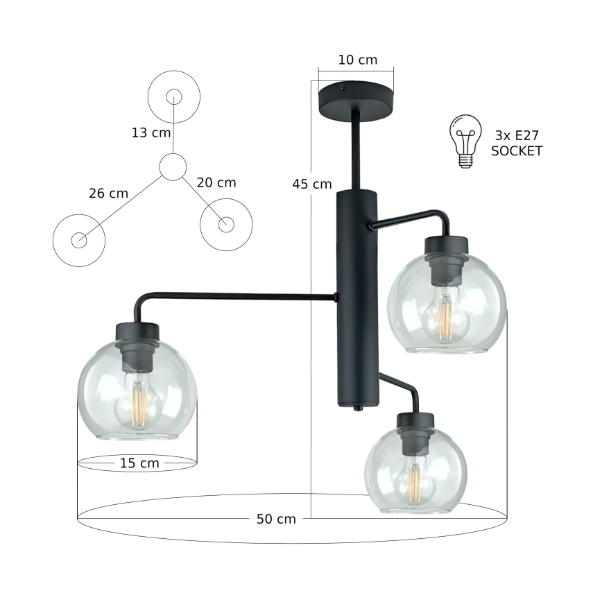 Luster na tyči FLEX 3xE27/60W/230V čierna/číra
