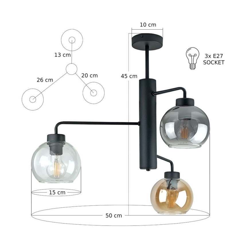 Luster na tyči FLEX 3xE27/60W/230V čierna/dymová čierna/dymová béžová/číra