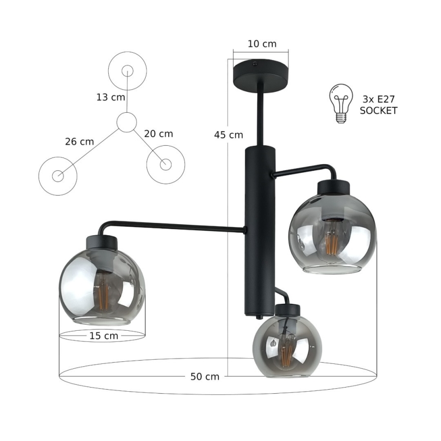 Luster na tyči FLEX 3xE27/60W/230V čierna/dymová čierna
