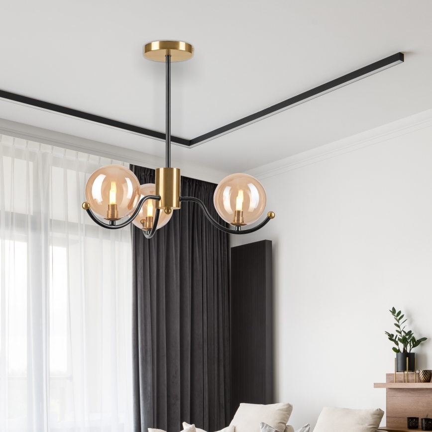 Luster na tyči GEORGIA 3xE14/5W/230V zlatá/dymová béžová