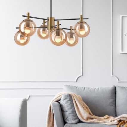 Luster na tyči LILOU 6xE14/5W/230V zlatá/čierna/dymová béžová