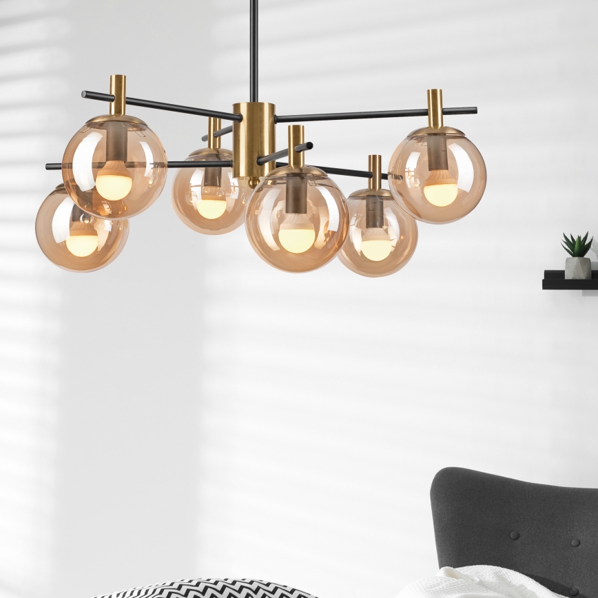 Luster na tyči LILOU 6xE14/5W/230V zlatá/čierna/dymová béžová