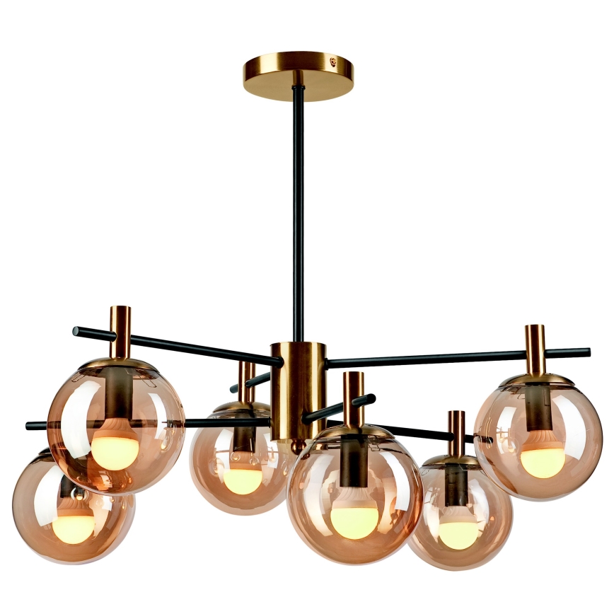 Luster na tyči LILOU 6xE14/5W/230V zlatá/čierna/dymová béžová
