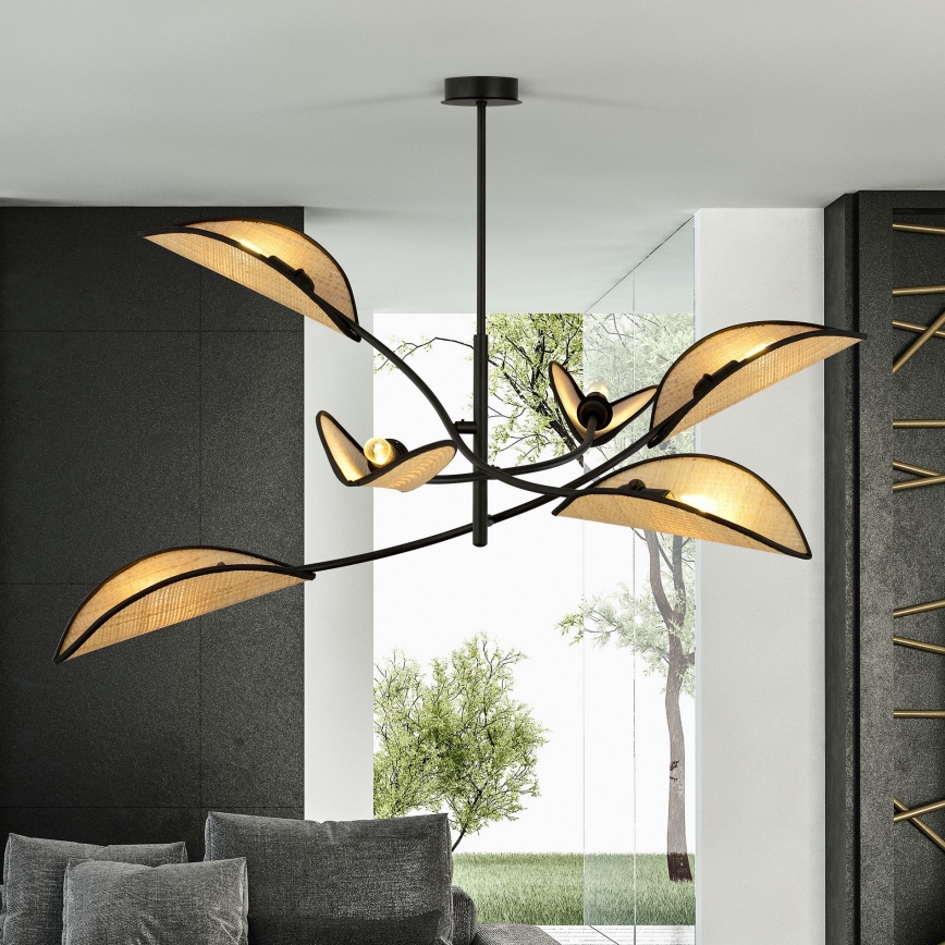 Luster na tyči LOTUS 6xE14/10W/230V čierna/béžová