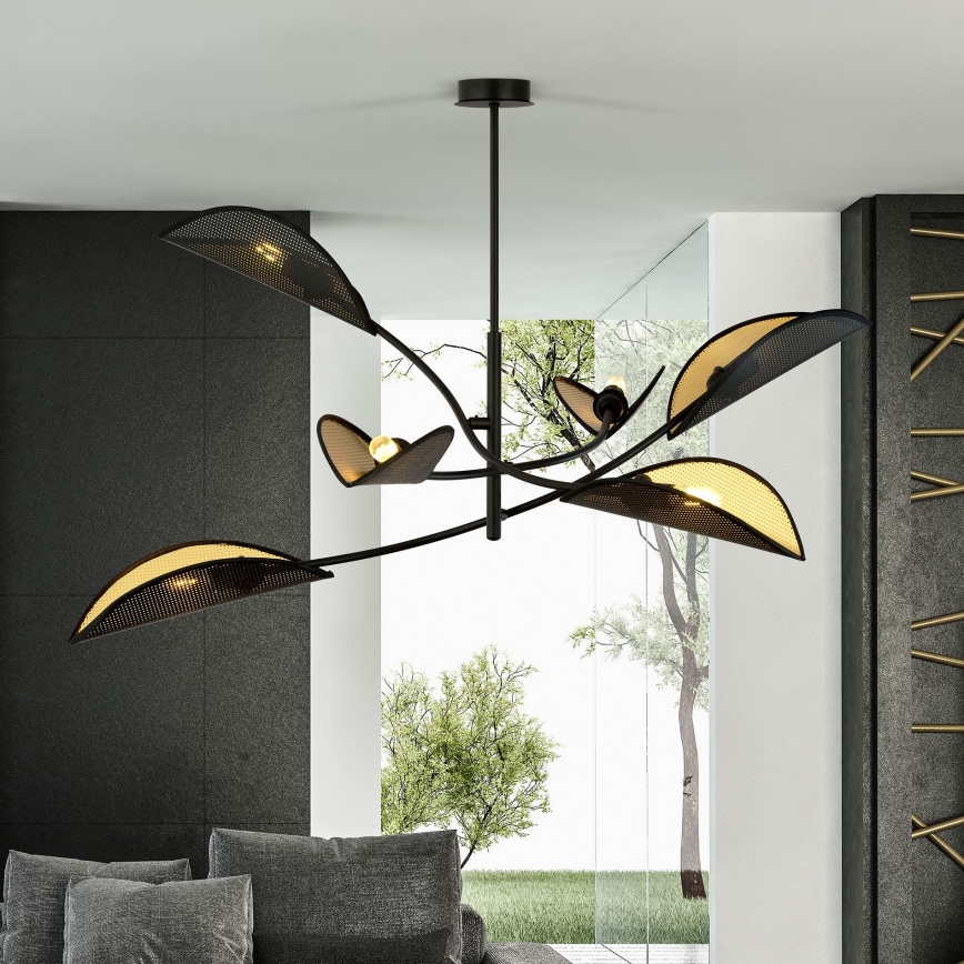 Luster na tyči LOTUS 6xE14/10W/230V čierna/zlatá