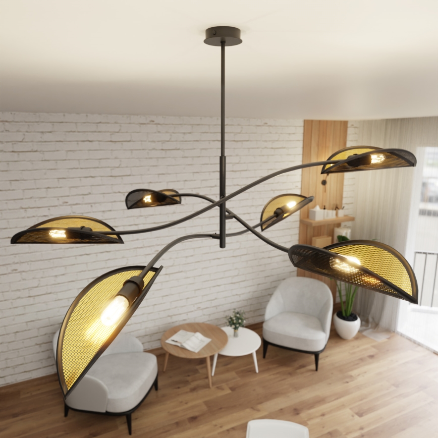 Luster na tyči LOTUS 6xE14/10W/230V čierna/zlatá