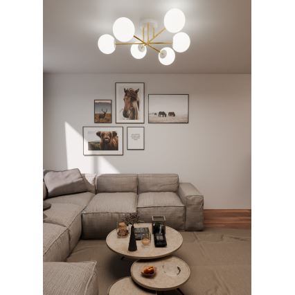 Luster na tyči MAGNUM 6xE14/10W/230V biela/zlatá