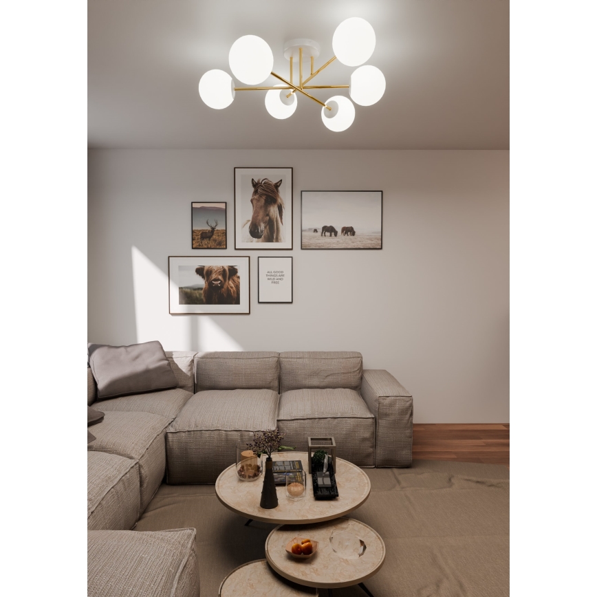Luster na tyči MAGNUM 6xE14/10W/230V biela/zlatá