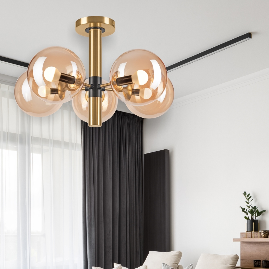 Luster na tyči ROLLO 5xE14/5W/230V zlatá/dymová béžová