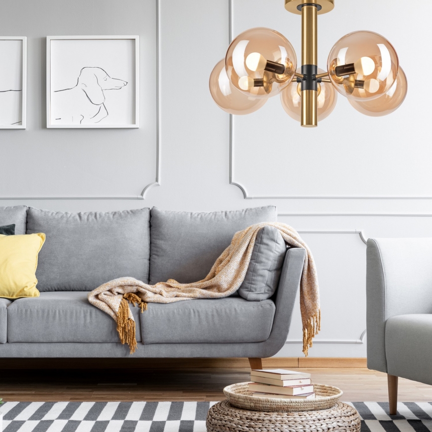 Luster na tyči ROLLO 5xE14/5W/230V zlatá/dymová béžová