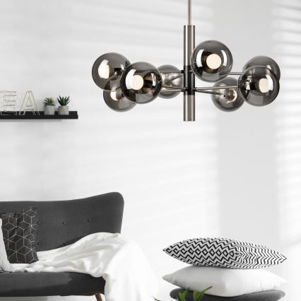 Luster na tyči ROLLO 8xE14/5W/230V matný chróm/dymová