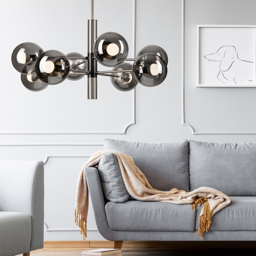 Luster na tyči ROLLO 8xE14/5W/230V matný chróm/dymová