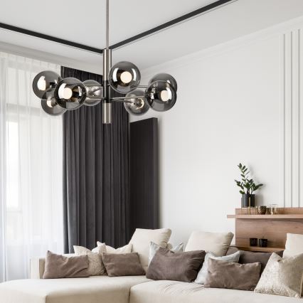 Luster na tyči ROLLO 8xE14/5W/230V matný chróm/dymová