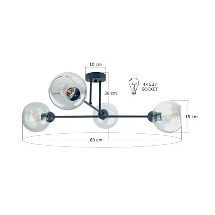 Luster na tyči VASCO 4xE27/60W/230V čierna/číra