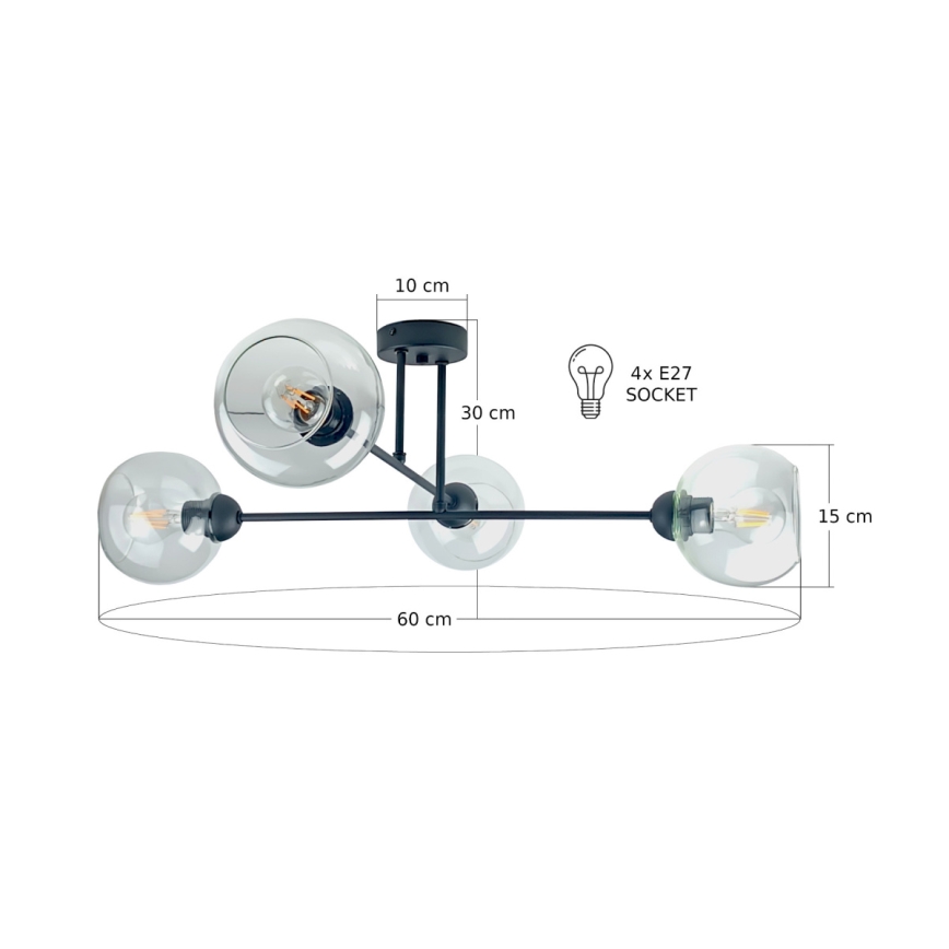 Luster na tyči VASCO 4xE27/60W/230V čierna/číra