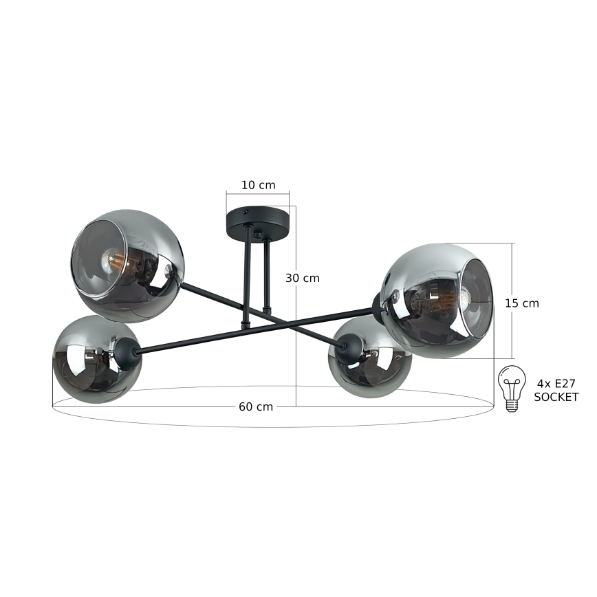 Luster na tyči VASCO 4xE27/60W/230V čierna/dymová čierna