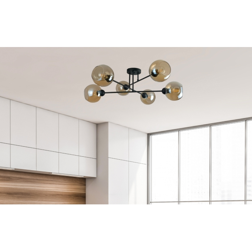 Luster na tyči VASCO 6xE27/60W/230V čierna/dymová béžová