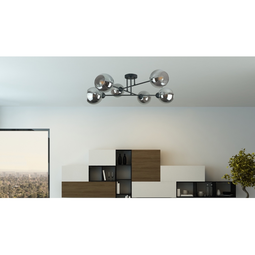 Luster na tyči VASCO 6xE27/60W/230V čierna/dymová čierna
