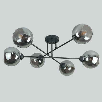 Luster na tyči VASCO 6xE27/60W/230V čierna/dymová čierna