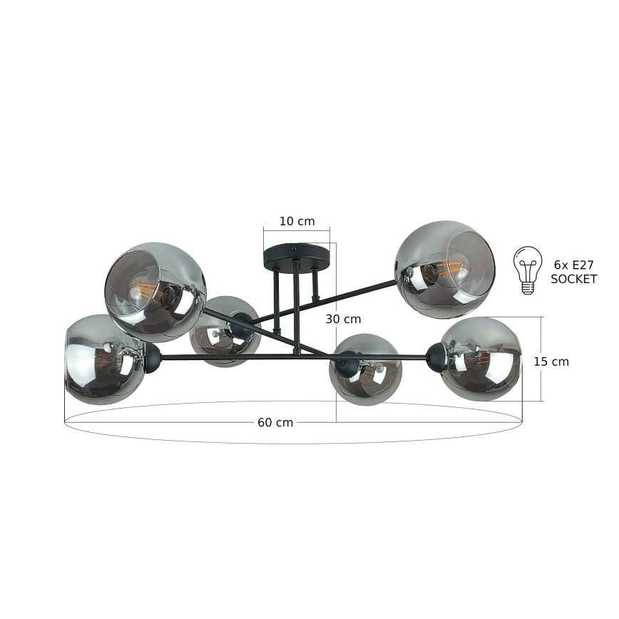 Luster na tyči VASCO 6xE27/60W/230V čierna/dymová čierna