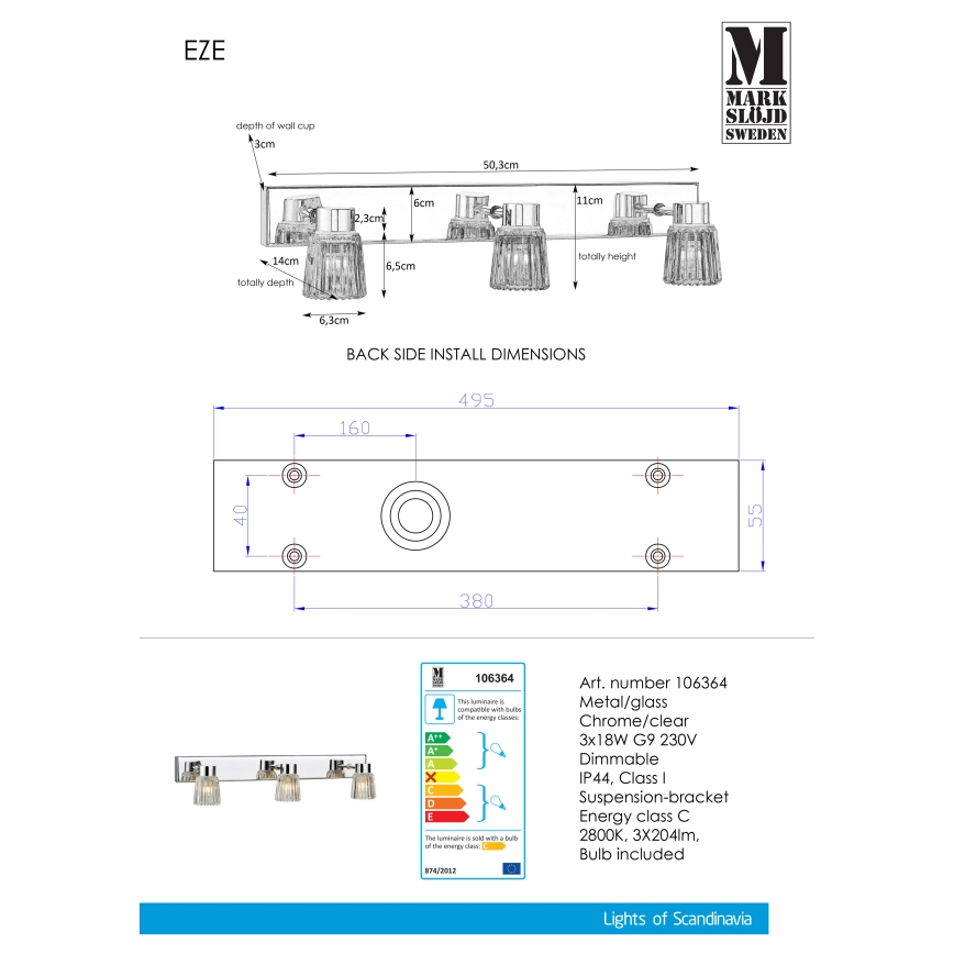 Markslöjd 106364 - Stmievateľné nástenné svietidlo EZE 3xG9/18W/230V