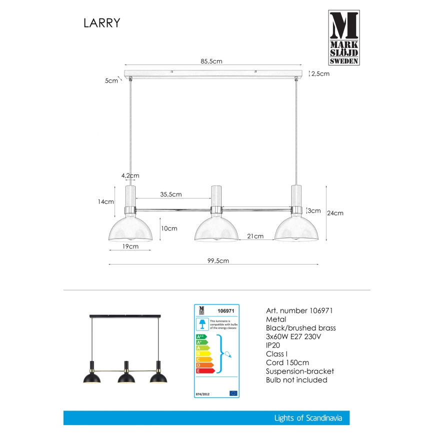 Markslöjd 106971 - Luster na lanku LARRY 3xE27/60W/230V čierna/zlatá