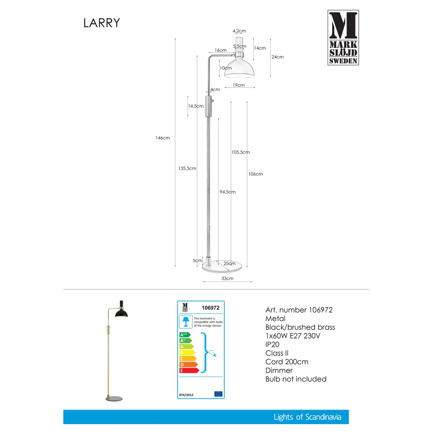 Markslöjd 106972 - Stmievateľná stojacia lampa LARRY 1xE27/60W/230V čierna/zlatá