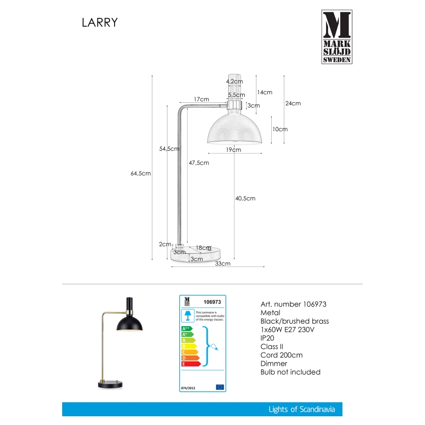 Markslöjd 106973 - Stmievateľná stolná lampa LARRY 1xE27/60W/230V