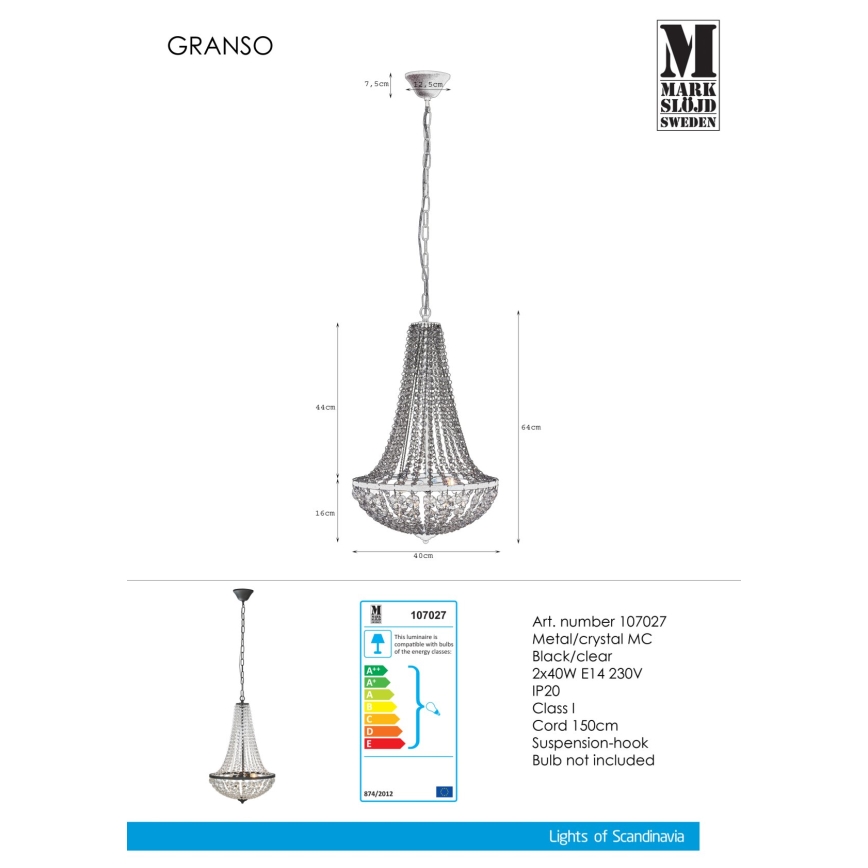 Markslöjd 107027 - Krištáľový luster na reťazi GRÄNSÖ 2xE14/40W/230V