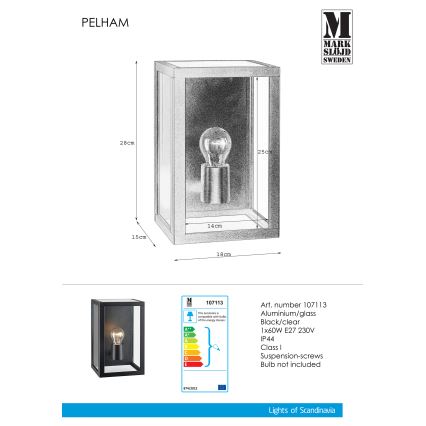 Markslöjd 107113 - Vonkajšie nástenné svietidlo PELHAM 1xE27/60W/230V IP44 čierna