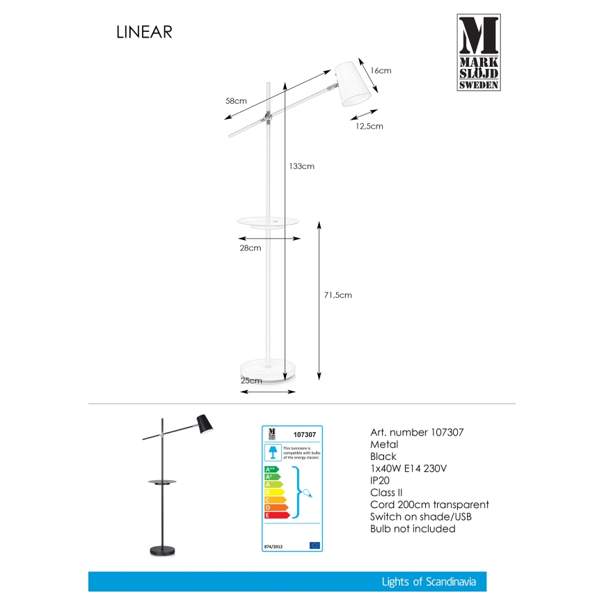 Markslöjd 107307 - Stojacia lampa s USB LINEAR 1xE14/40W/230V