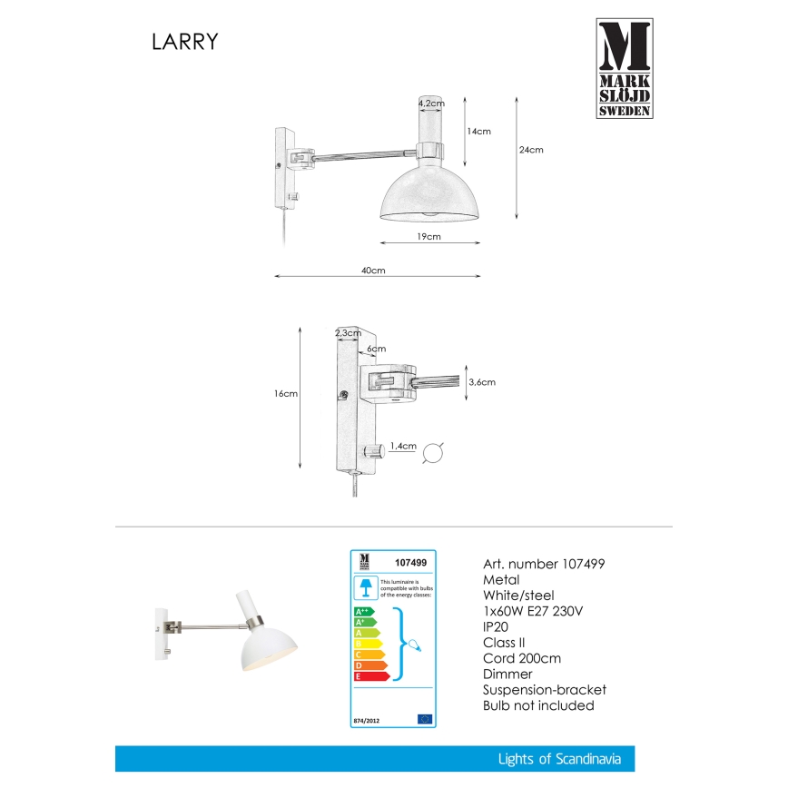 Markslöjd 107499 - Stmievateľné nástenné svietidlo LARRY 1xE27/60W/230V