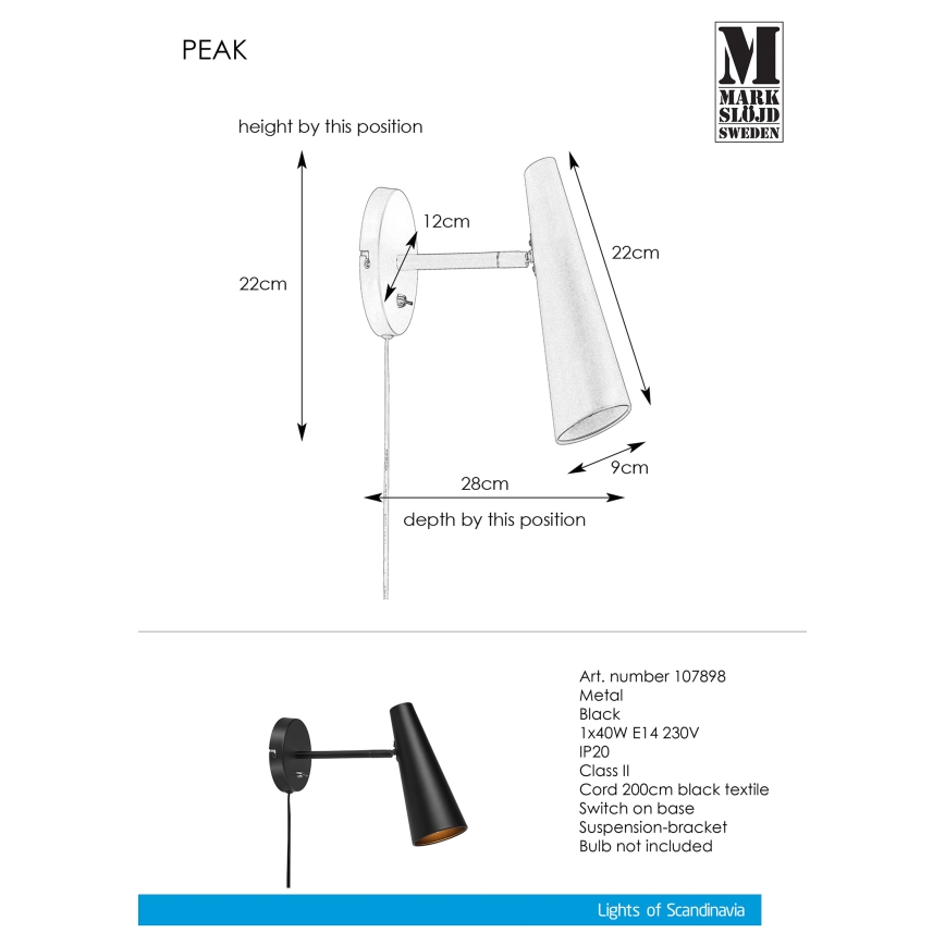 Markslöjd 107898 - Nástenná lampička PEAK 1xE14/40W/230V