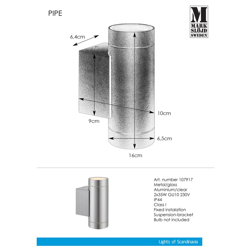 Markslöjd 107917 - Vonkajšie nástenné svietidlo PIPE 2xGU10/35W/230V IP44