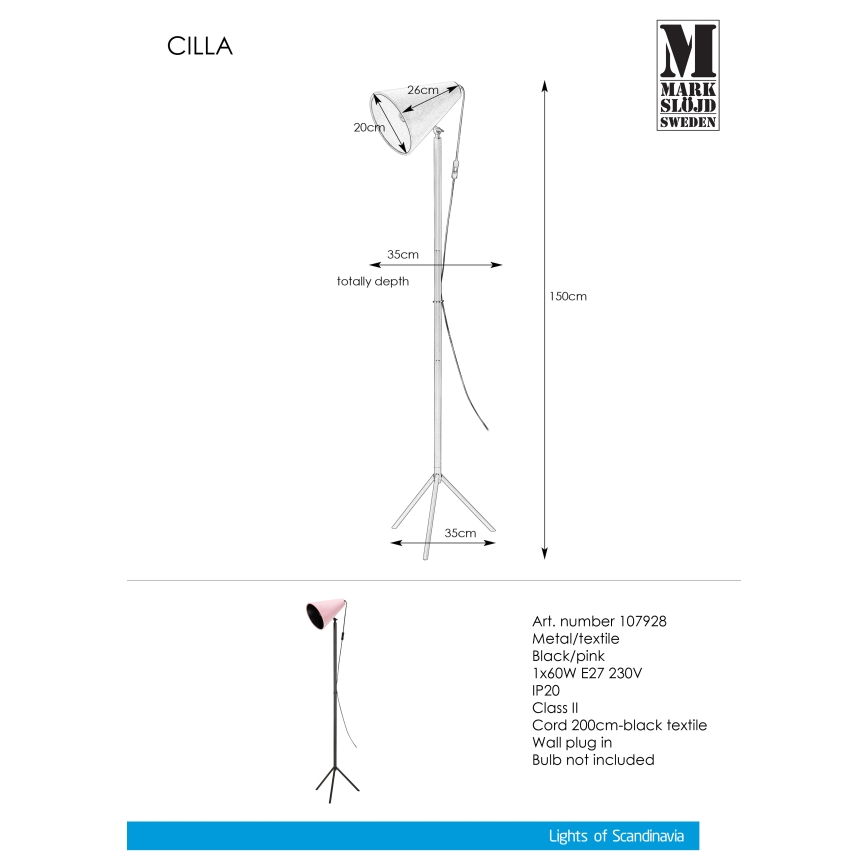 Markslöjd 107928 - Stojacia lampa CILLA 1xE27/60W/230V