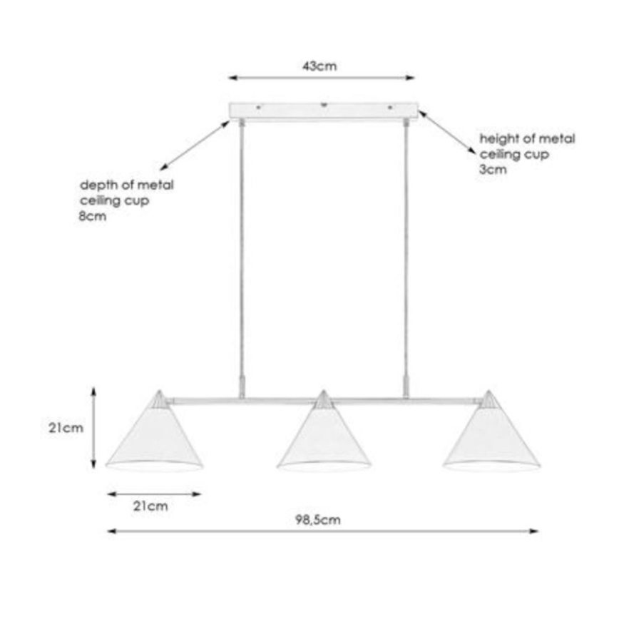 Trojramenné závesné svietidlo s kužeľovitými tienidlami visí zo stropu. Rozmery: celková dĺžka 98,5 cm, šírka tienidla 21 cm, výška kovového stropného puzdra 3 cm, hĺbka kovového stropného puzdra 8 cm, celková šírka montážnej lišty 43 cm.