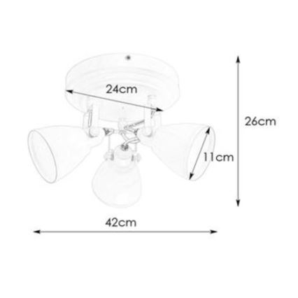 Trojramenné stropné svietidlo s kužeľovitými tienidlami visí zo stropu. Rozmery: priemer 24 cm, výška 26 cm, šírka 42 cm, tienidlá 11 cm.