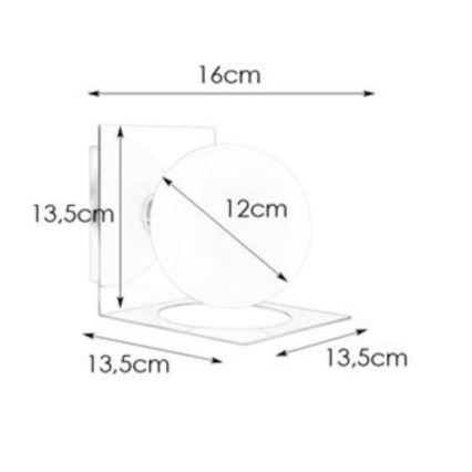 Nástená lampa s guľovitou tienidlom (priemer 12 cm) je pripevnená na štvorcovú základňu (13,5 x 13,5 cm). Celková výška je 16 cm.