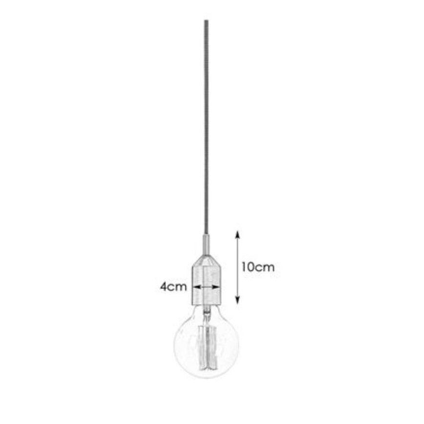 Závesná lampa visí zo stropu. Je zložená z guľovej žiarovky a kovového držiaka s textilným káblom. Dĺžka kábla je 10 cm, výška držiaka 4 cm.