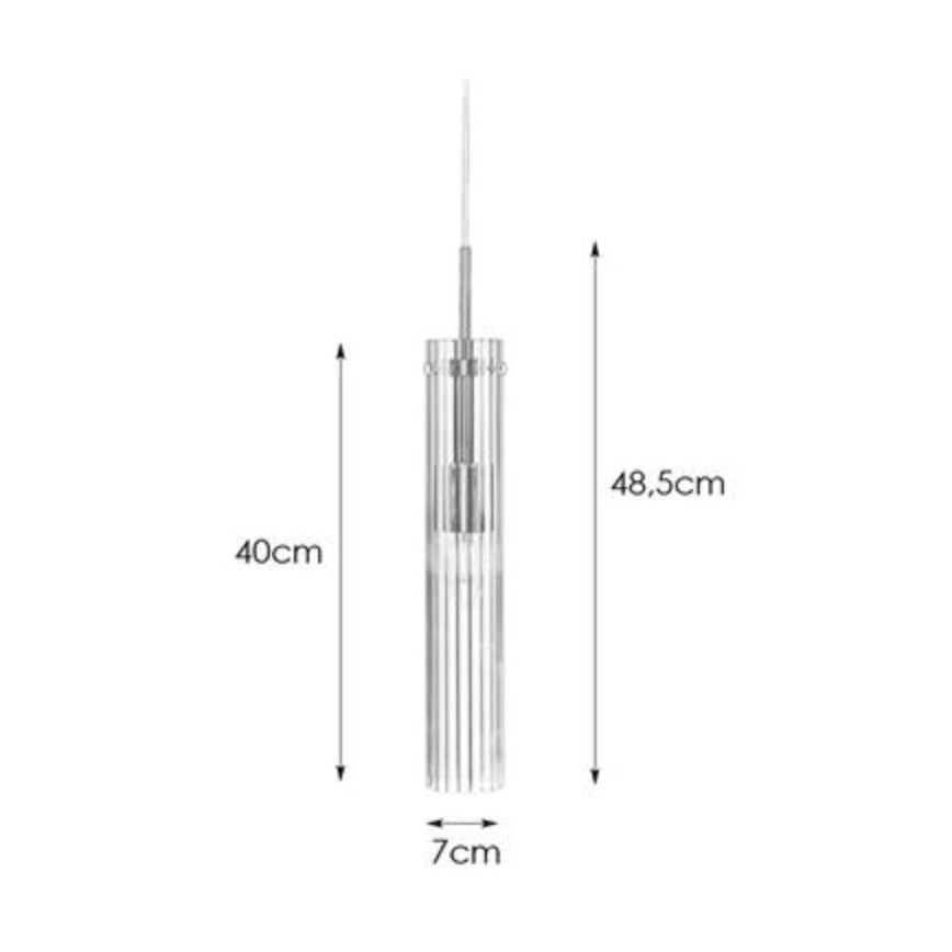 Zavesný svietiaci valec s vertikálnymi drážkami visí zo stropu. Rozmery: výška 48,5 cm, priemer 7 cm, dĺžka kábla 40 cm.