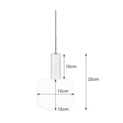 Závesné svietidlo s oválnym tienidlom visí zo stropu. Tienidlo má rozmery 15x15 cm, valcový držiak je vysoký 10 cm. Celková výška svietidla je 23 cm.