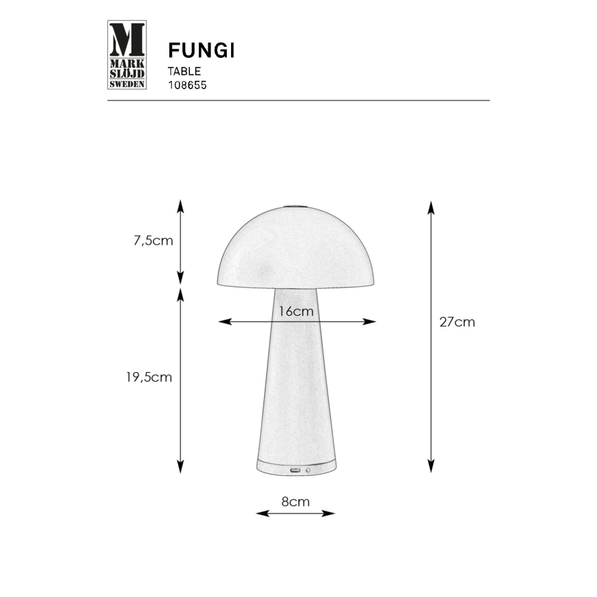 Markslöjd 108655 - LED Stmievateľná nabíjacia lampa FUNGI LED/1,5W/5V IP44 čierna