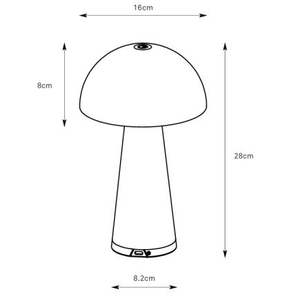 Stolová lampa tvaru huby s rozmermi 27 cm na výšku, 16 cm v priemere tienidla a 8 cm v priemere základne. Je znázornená s rozmerovými údajmi. Názov produktu: FUNGI, TABLE, 108655.