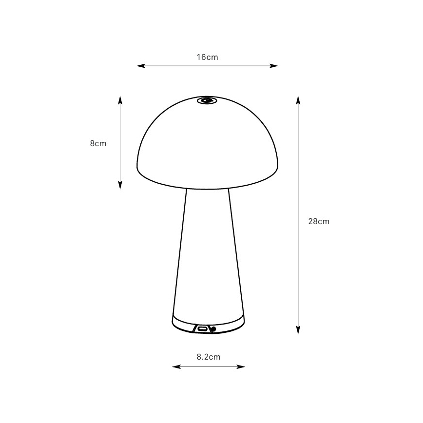 Stolová lampa tvaru huby s rozmermi 27 cm na výšku, 16 cm v priemere tienidla a 8 cm v priemere základne. Je znázornená s rozmerovými údajmi. Názov produktu: FUNGI, TABLE, 108655.