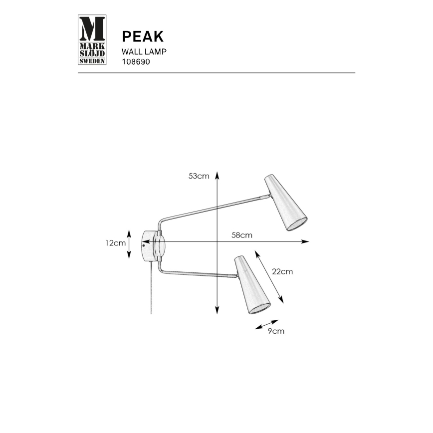 Markslöjd 108690 - Nástenná lampa PEAK 2xE14/40W/230V čierna