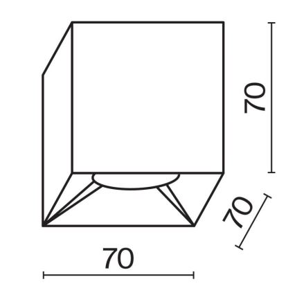 Kubické svietidlo s rozmermi 70 x 70 x 70 mm je zobrazené v čelnom pohľade. Svietidlo je pripevnené k stropu. Je schematicky znázornené s vnútornou výrezovou časťou pre svetelný zdroj.