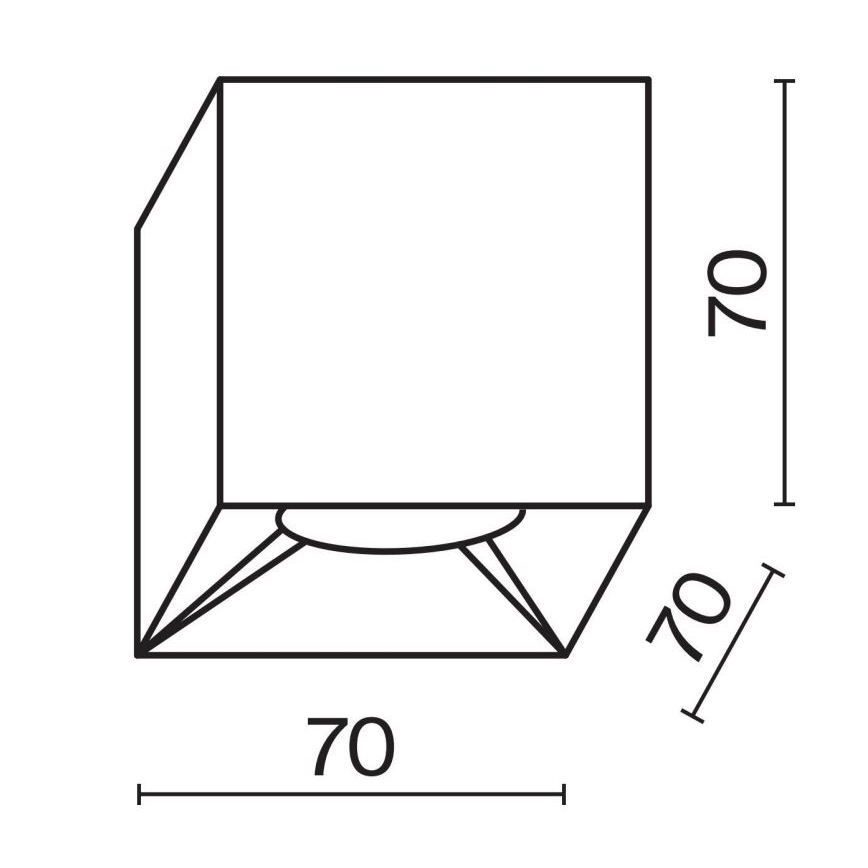 Kubické svietidlo s rozmermi 70 x 70 x 70 mm je zobrazené v čelnom pohľade. Svietidlo je pripevnené k stropu. Je schematicky znázornené s vnútornou výrezovou časťou pre svetelný zdroj.