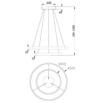 Technický nákres stropného svietidla s dvoma kruhovými tienidlami. Svietidlo visí na viacerých kábloch. Rozmery: horný kruh Ø400, spodný Ø600 mm, celková výška 100-1200 mm.